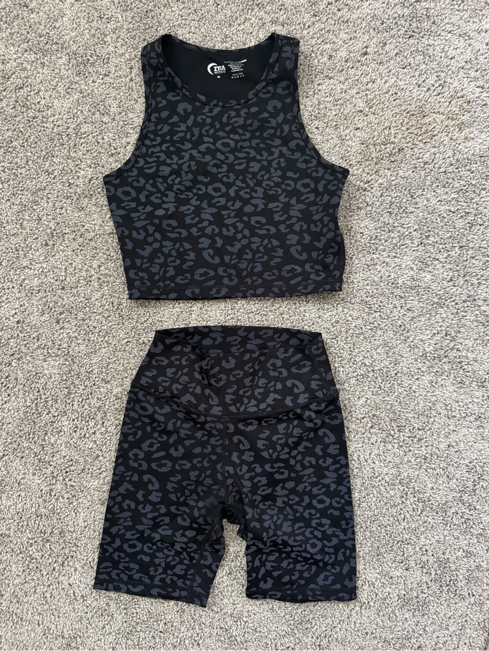 ZYIA Charcoal Black Leopard Bike Shorts and Cropped Tank